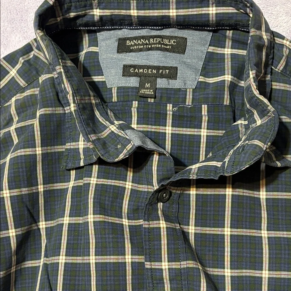 Banana Republic Camden Fit Navy Green Plaid Shirt Mens M 100% Cotton
